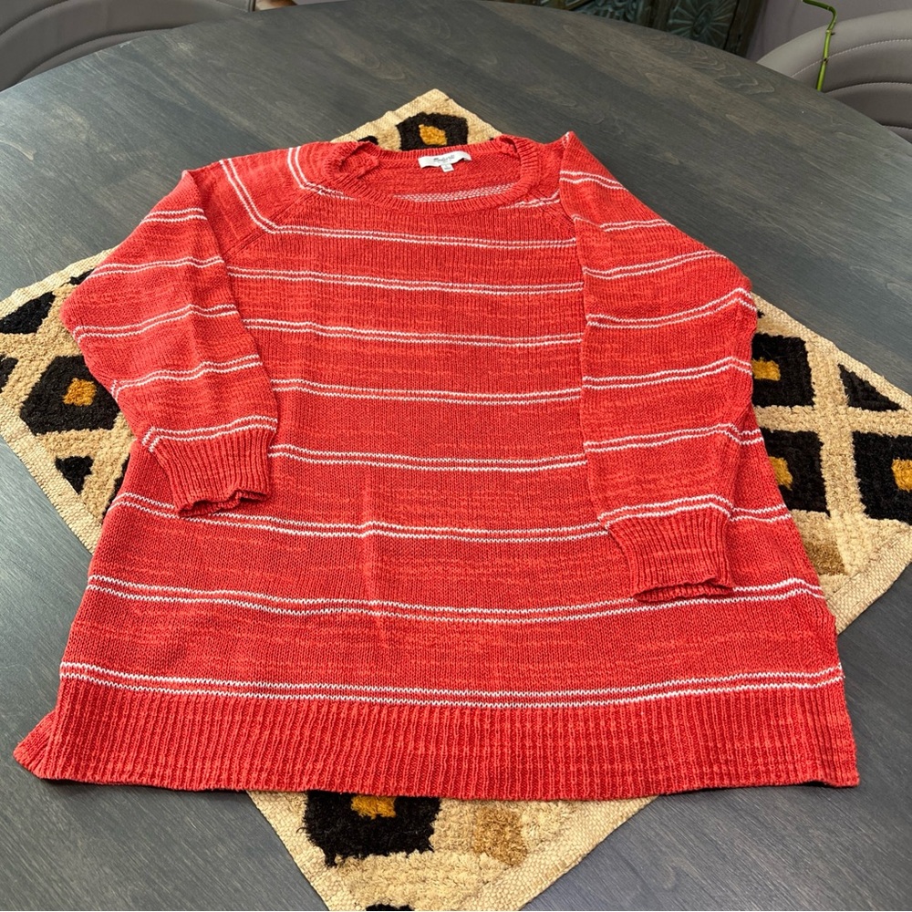 MADEWELL Sweater Womens Red w White Stripes Pullover Knit 3/4 sleeve Large